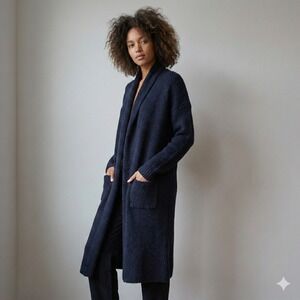 Brochu Walker Longline Duster Cardigan Sweater Navy Blue Wool Silk Blend Knit